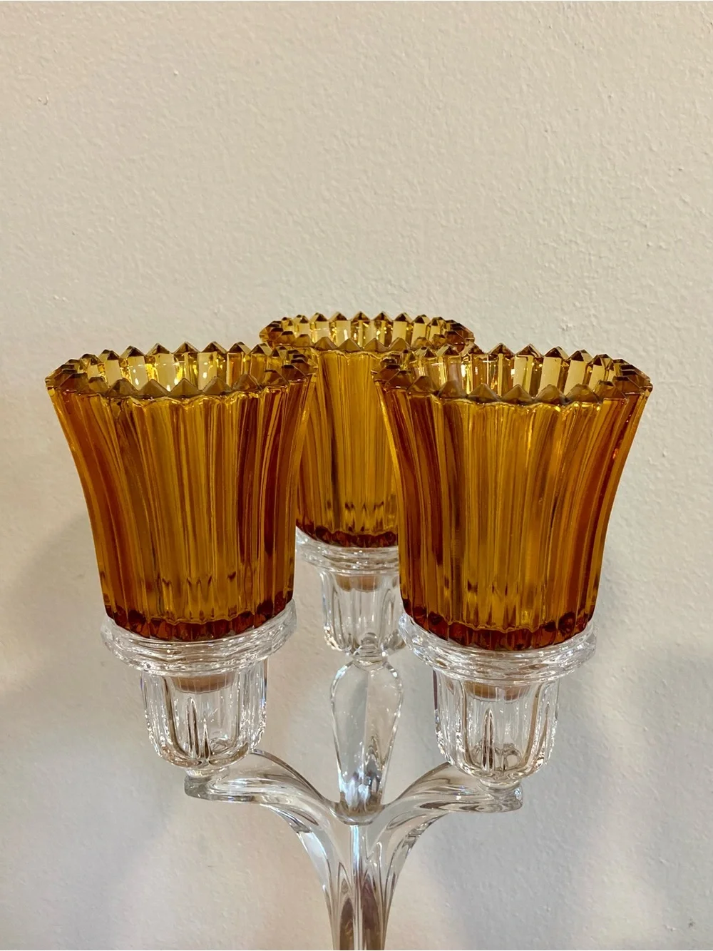 6 Vintage Homco Flic-A-Lite Amber Ribbed Cut Pegged Votive Candle Holders